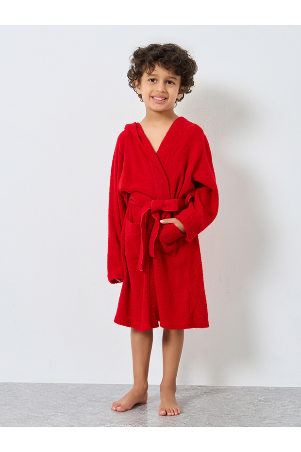 Red Solid Hooded Bath Robe - 1