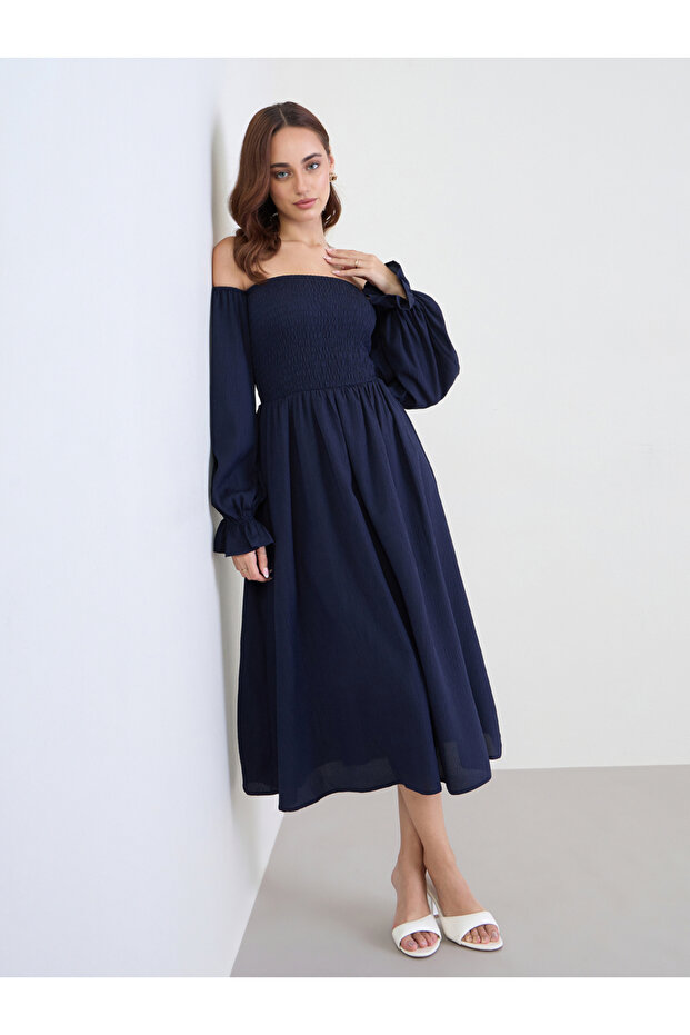 Navy Blue Off Shoulder Midi Dress
