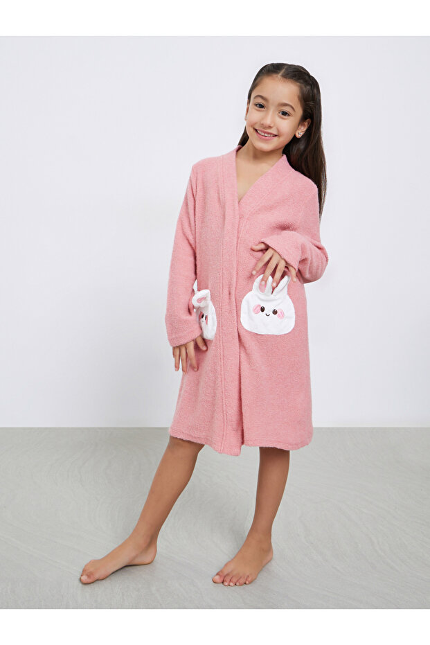 Girls Pink Bunny Ear Applique Robe