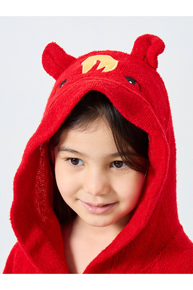 Red Solid Hooded Bath Robe - 7