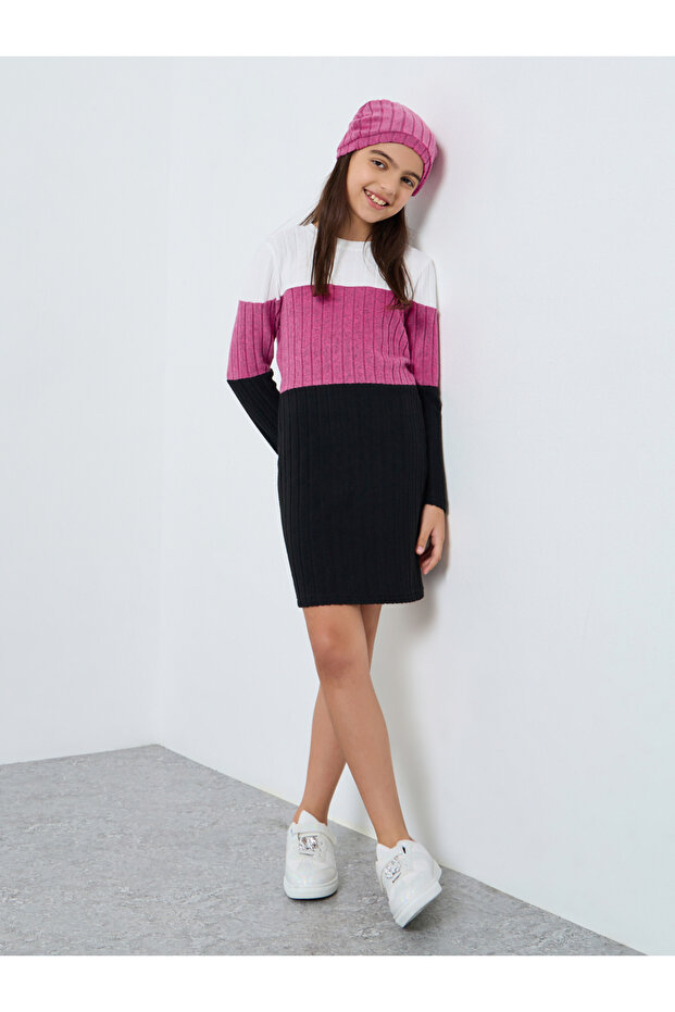 Teens Color Block Flat Knit Dress with Beanie Set