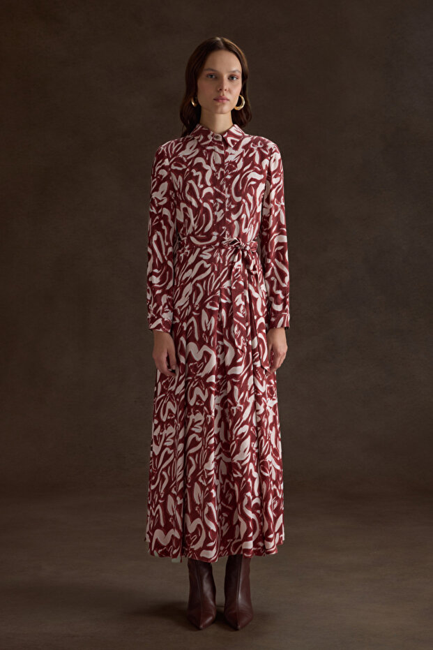 Bordo Desenli Viscon Elbise - 1