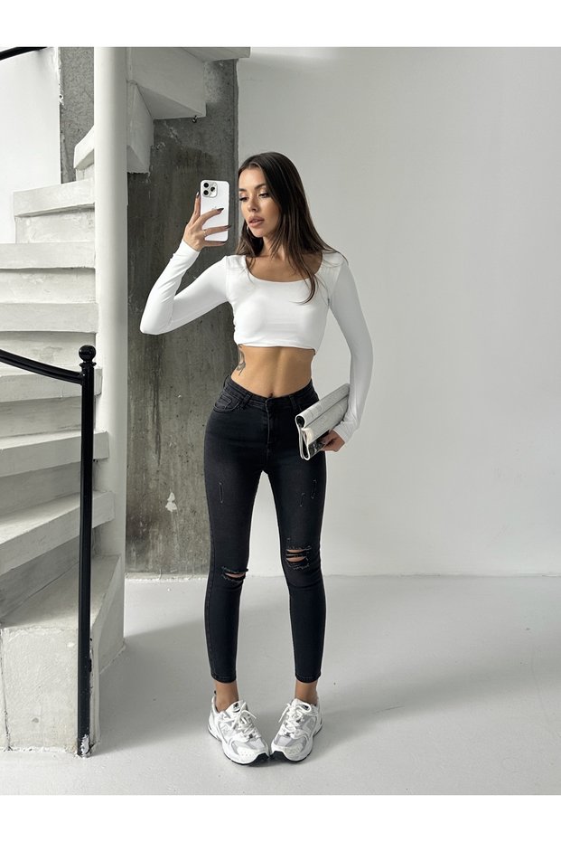 Women's Smoked Knee Laser Cut Jeans with Ripped Details, Tight Leg Jeans