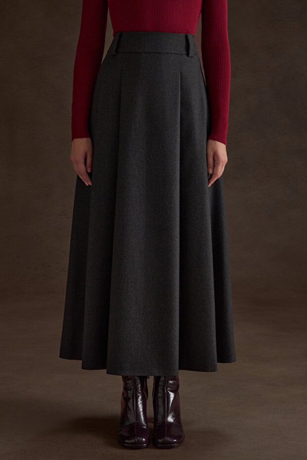 Antrasit Pileli Kloş Dokuma Etek - 2