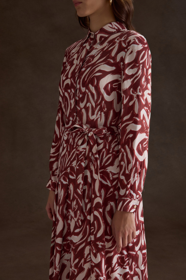 Bordo Desenli Viscon Elbise - 4