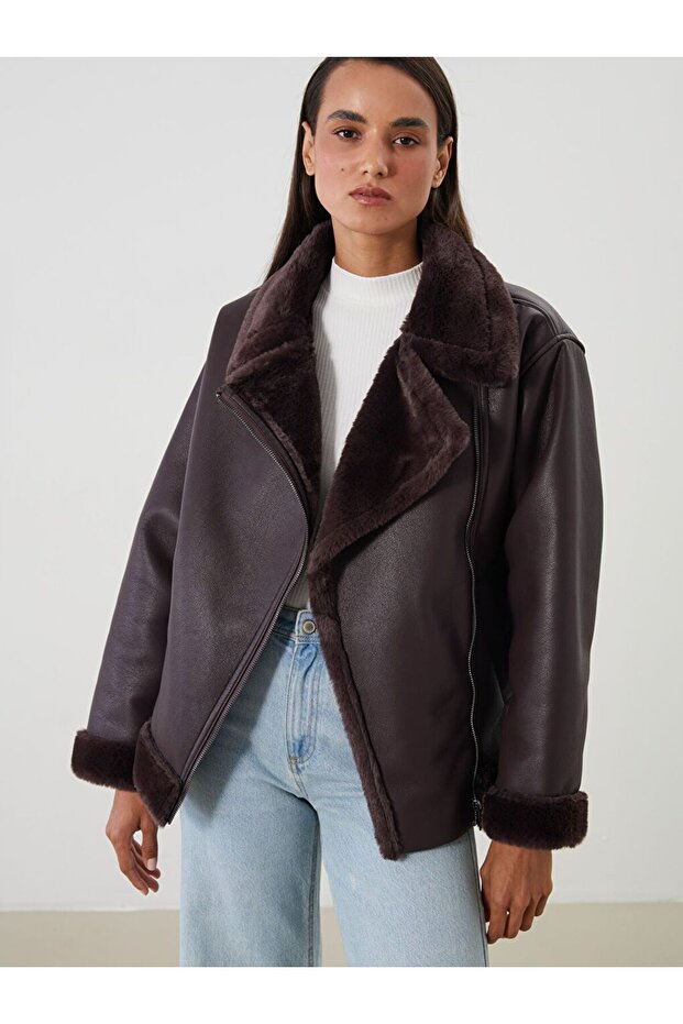 Lcwaikiki Classic Fur Collar Women's Leather-Look Coat