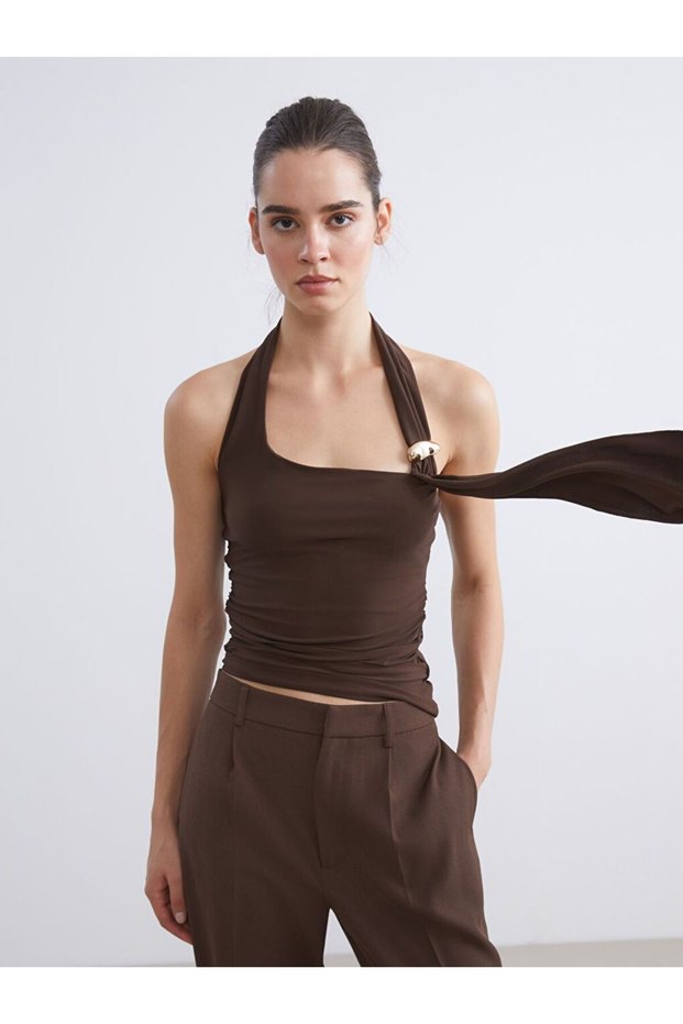 Lcw Vision Brown Interlock Plain Halter Collar Sleeveless Women's Blouse
