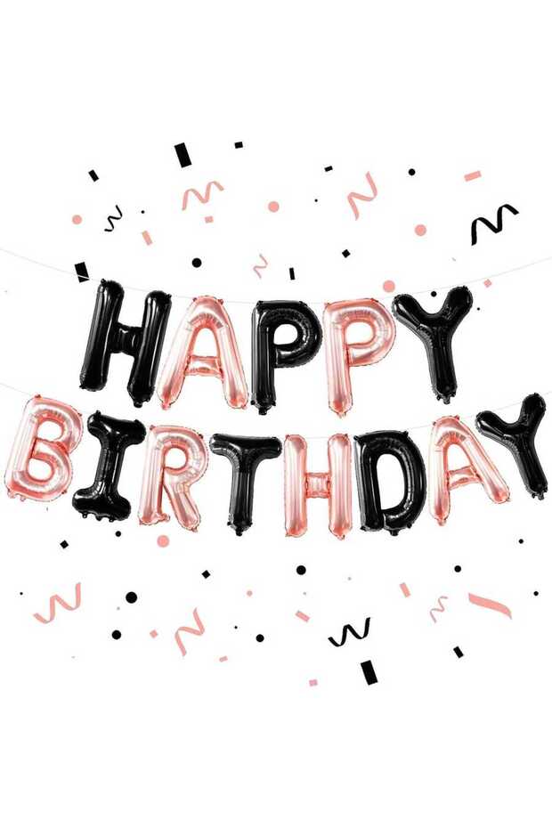 Happy Birthday Black and Rose Gold Foil Balloon