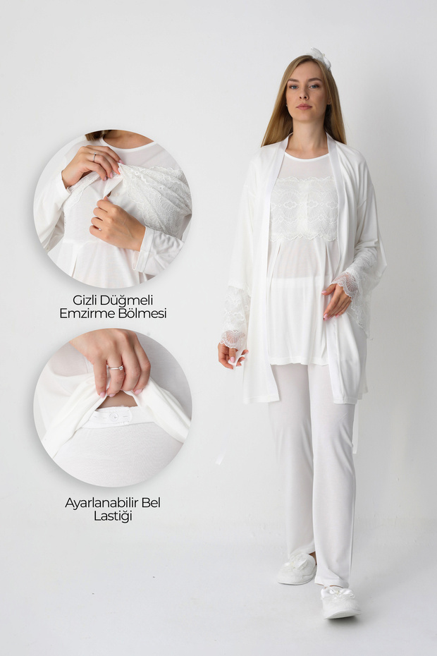 Maternity Pajamas and Robe Set / Buttoned Hidden Breastfeeding / Lace Detailed Viscose Nightgown