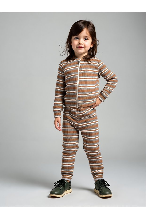 Unisex Children's Set Organic Cotton Ribbed Winter Cardigan Striped Two-Piece Set (1-5 Years)