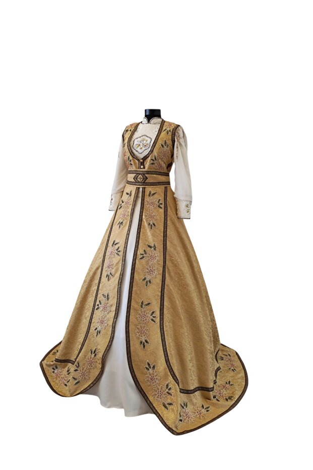 Gold Kaftan İşlemeli Beyaz Elbiseli Kaftan