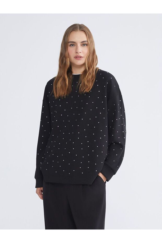 LCWAIKIKI Basic Taşlı Oversize Kadın Sweatshirt Tunik - 1