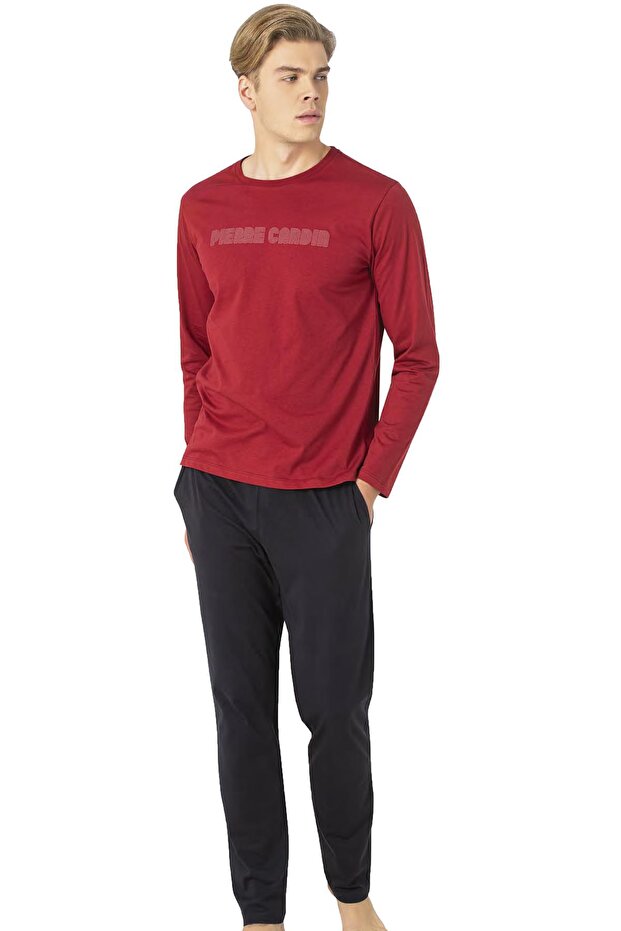 Men's Burgundy Pajama Set, 100% Cotton, Long Sleeve, with Pockets