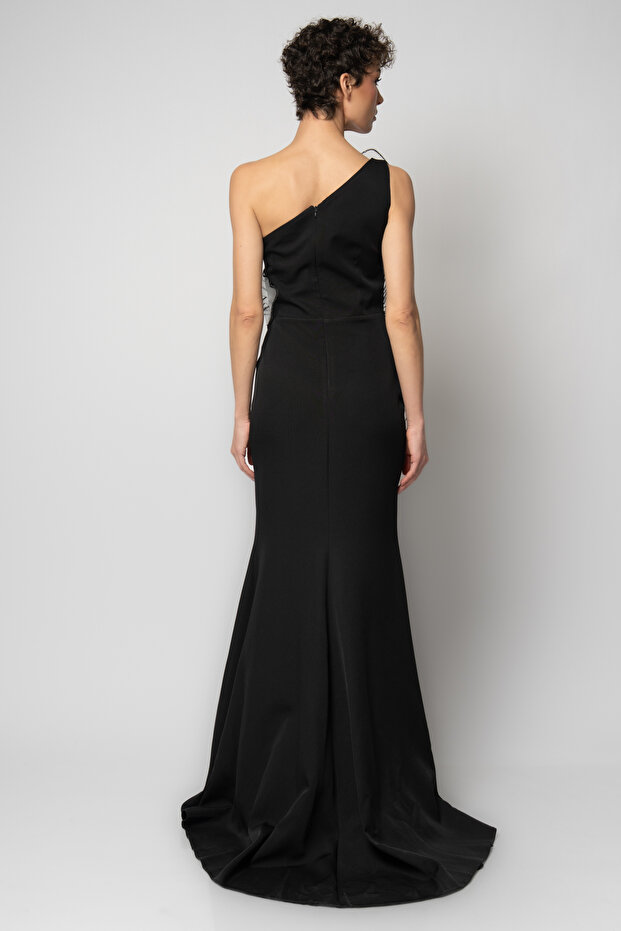 Göğsü büyük çiçekli tek omuz krep abiye elbise - 3