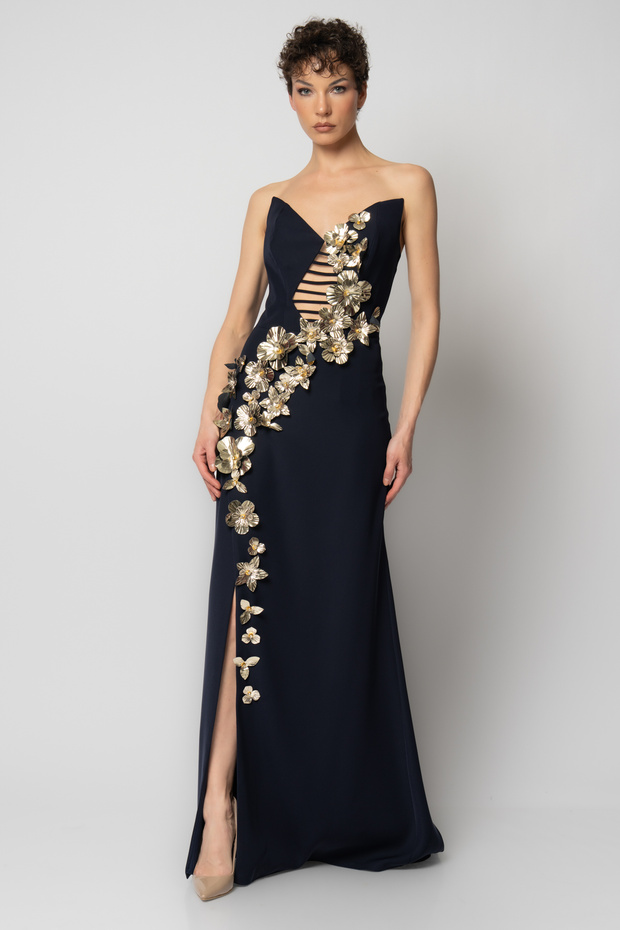 Yakadan etek ucuna rugan çiçekli krep abiye elbise - 1