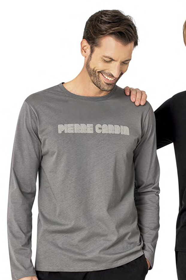 Men's Dark Gray Pajama Set, 100% Cotton, Long Sleeve, with Pockets