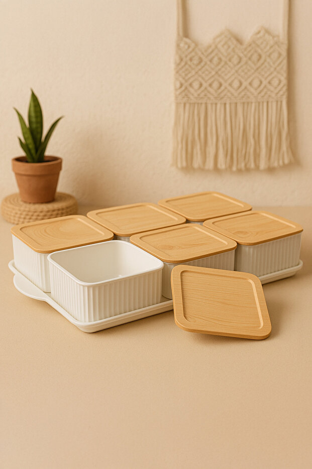 7-Piece Hard Plastic Bamboo Look Breakfast Set with Tray - Square Breakfast Bowl Storage Container