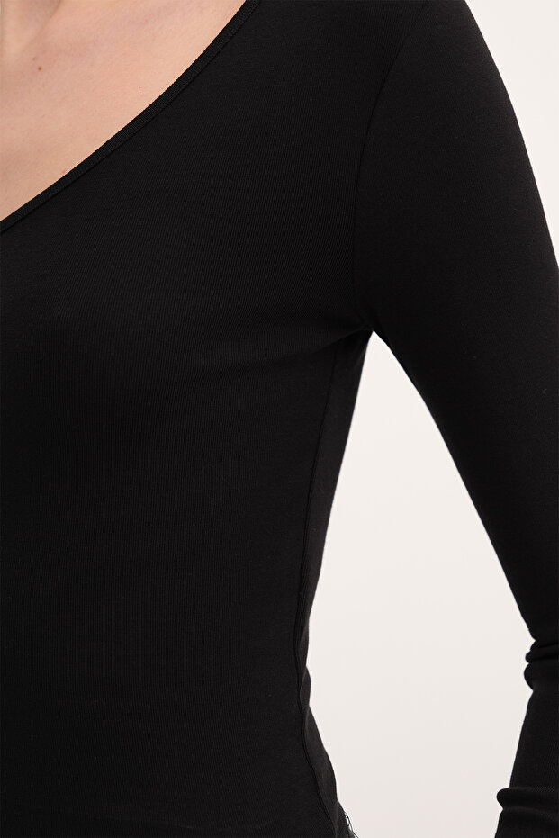 V Yaka Uzun Kollu Basic Bluz B12343 - 3