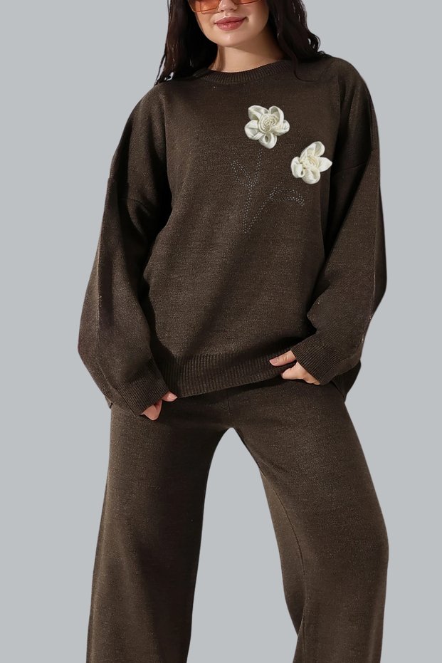 Women's Sweater Trousers Rose Detailed Bottom Top Double Knitwear Set