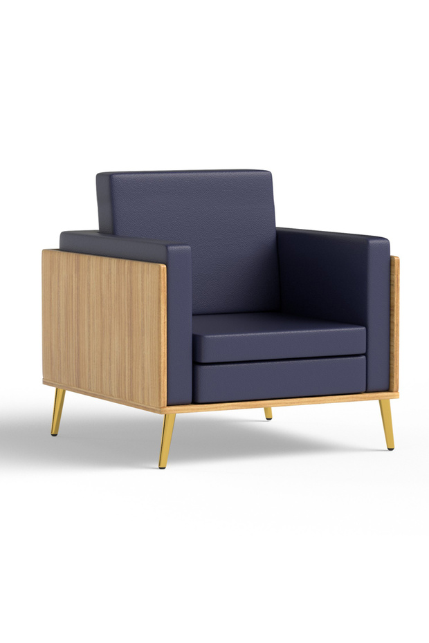KD 3326 Coco Bolo Wooden Single Seat Sofa with Golden Legs and Blue PU Cushion for Office - 1