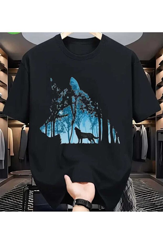 Men's Howling Wolf and Forest Printed T-Shirt