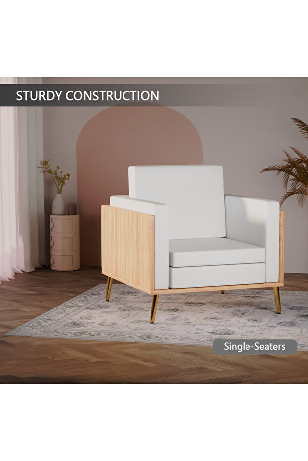 KD 3326 Coco Bolo Wooden Single Seat Sofa with Golden Legs and White PU Cushion for Office - 5