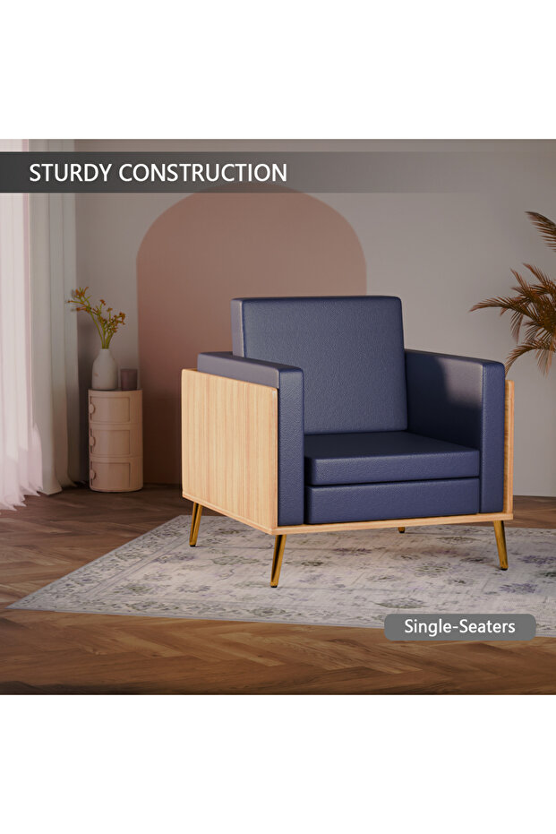 KD 3326 Coco Bolo Wooden Single Seat Sofa with Golden Legs and Blue PU Cushion for Office - 5