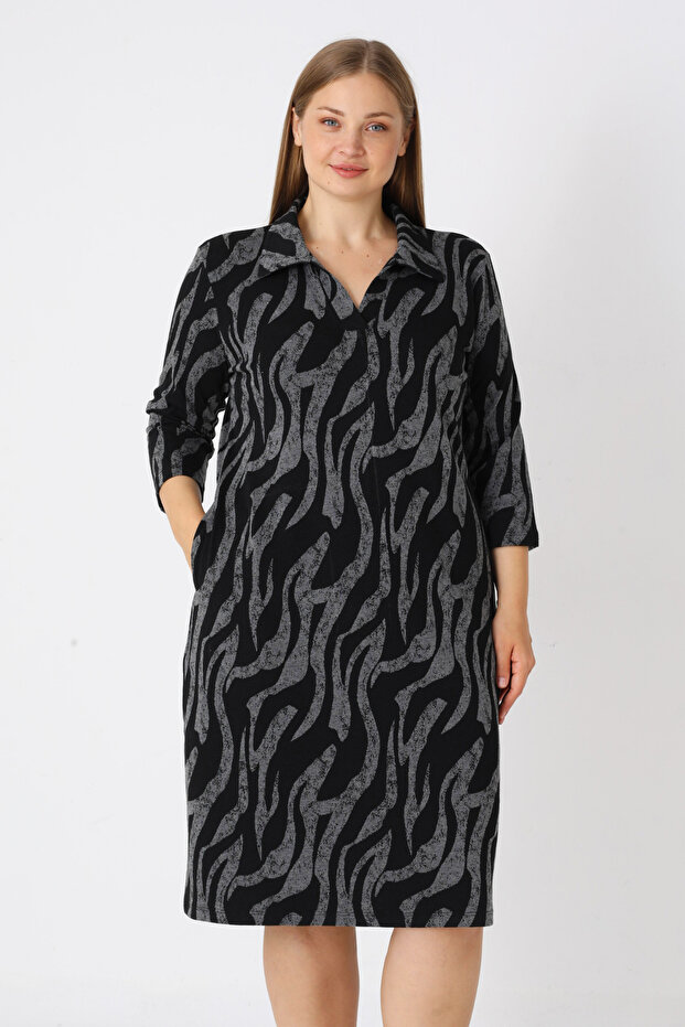 Women's Plus Size Black Patterned Stretch Fabric Pocketed Wrap Jacquard Dress