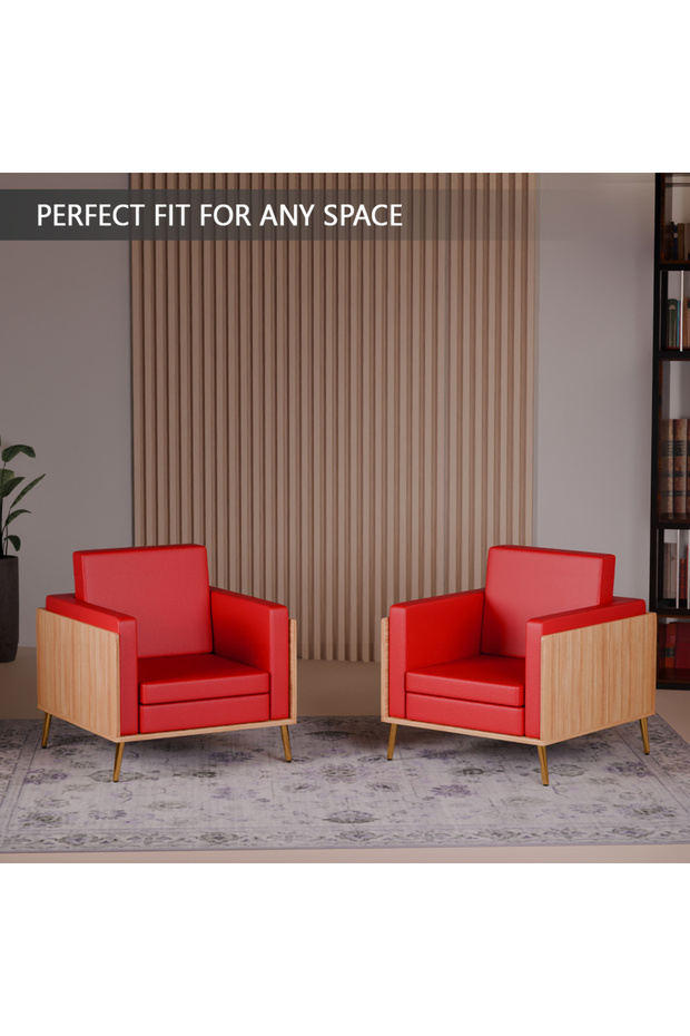 KD 3326 Coco Bolo Wooden Single Seat Sofa with Golden Legs and Red PU Cushion for Office - 6