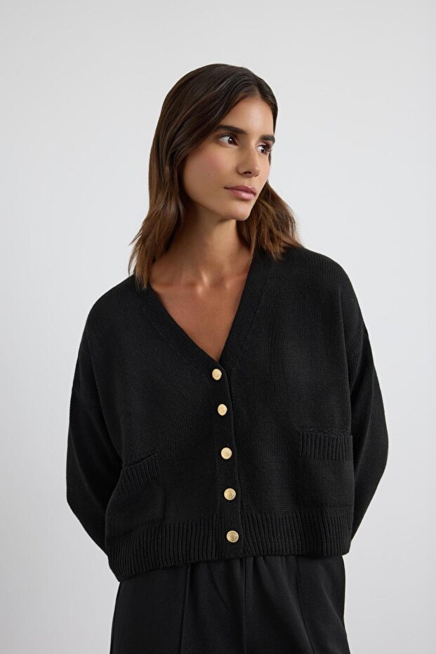 Gold Buttoned Knitwear Cardigan Black