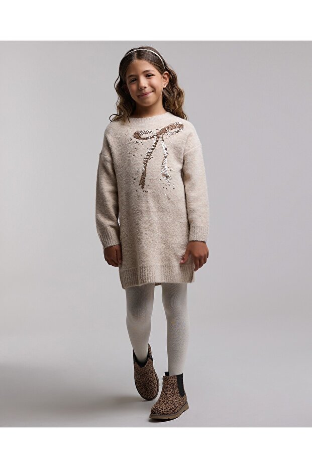 Sequined Sweater Dress with Crew Neck and Long Sleeves