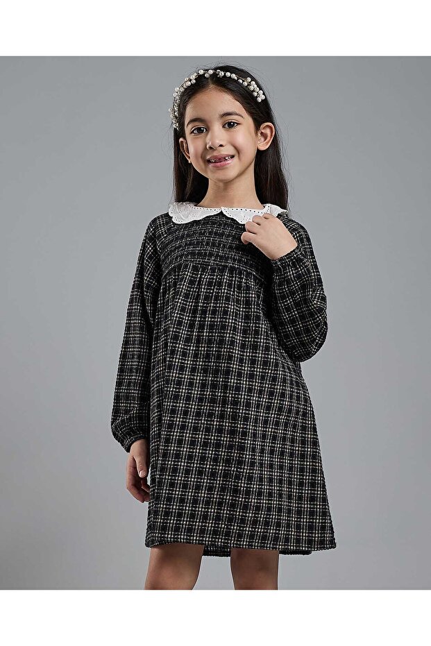 Plaid A-Line Dress with Baby Collar and Long Sleeves