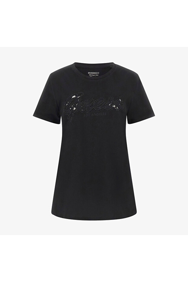 Script Lace Logo Kadın Siyah T-Shirt - 4
