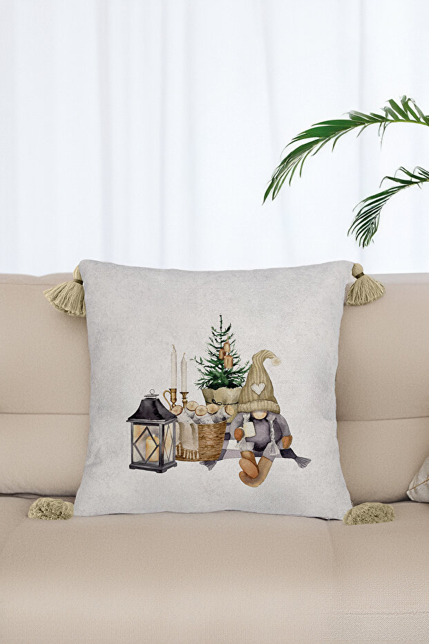 New Year Christmas Themed Dwarf Hand Lamp Patterned Cream Tasseled Decorative Throw Pillow Cover-White 45X45