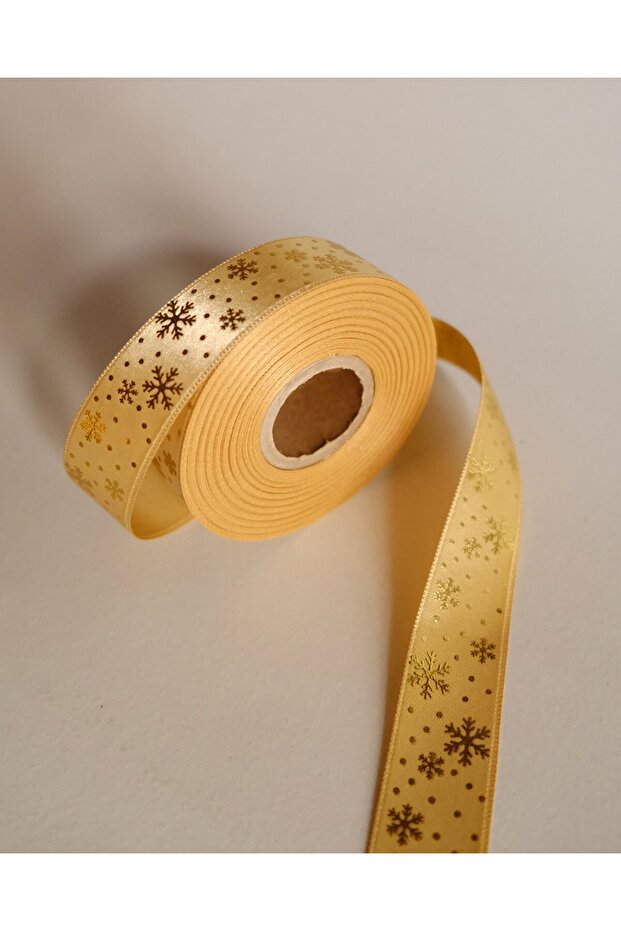 Christmas Themed Satin Ribbon, Gold Foil Snow Pattern Gift Wrapping Ribbon, Cream, 2.5cm X 20m