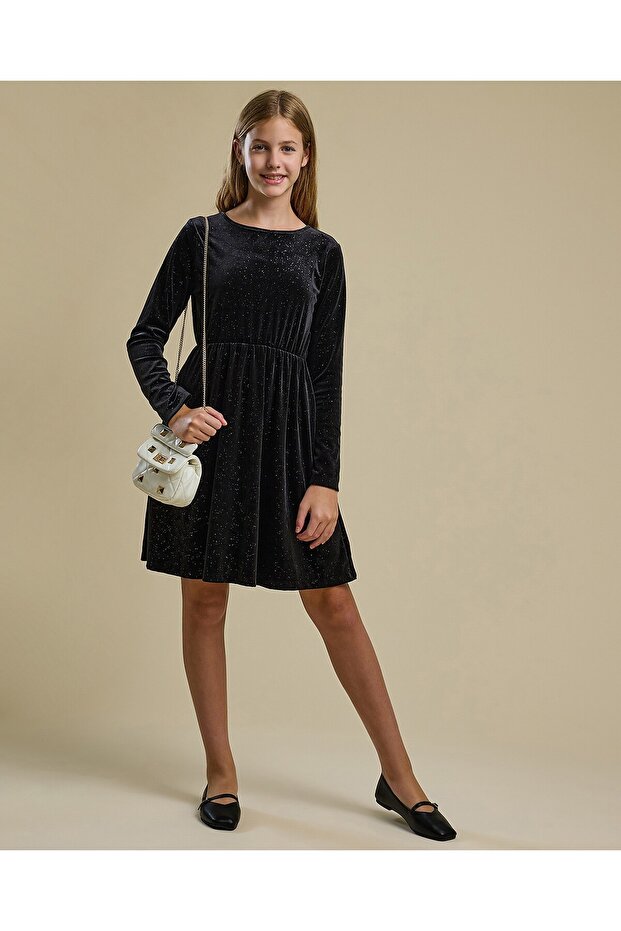 Solid Fit and Flare Dress with Crew Neck and Long Sleeves