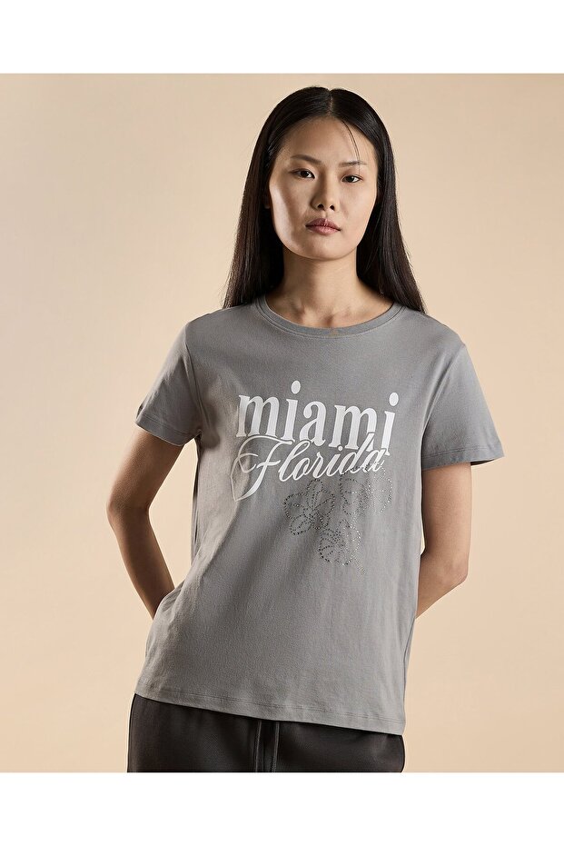 Typography Print T-Shirt with Crew Neck and Short Sleeves