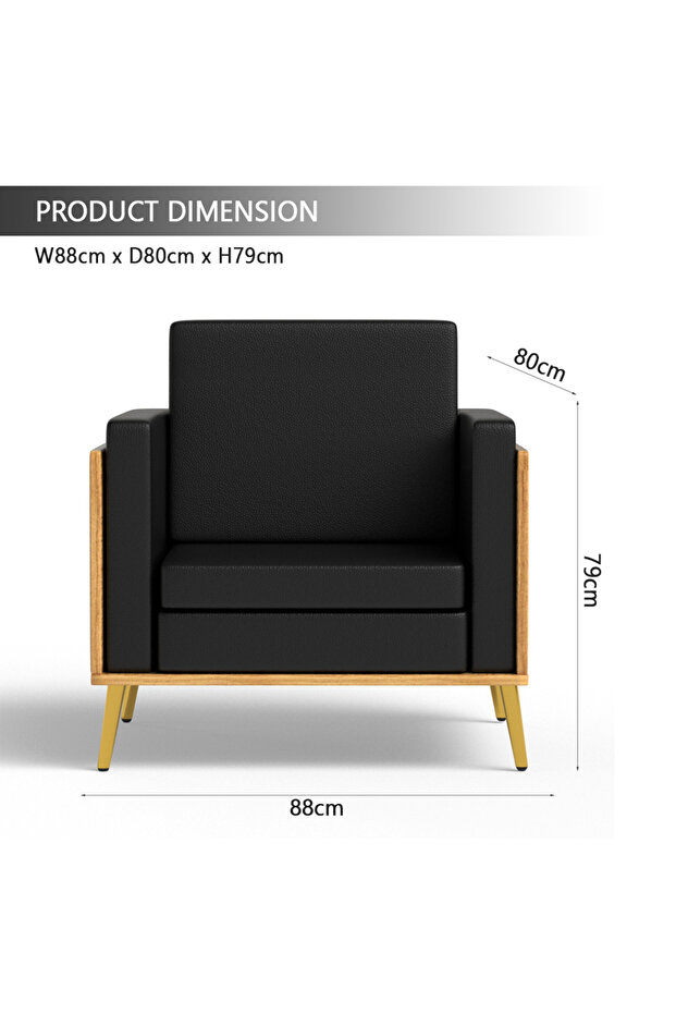 KD 3326 Coco Bolo Wooden Single Seat Sofa with Golden Legs and Black PU Cushion for Office - 4