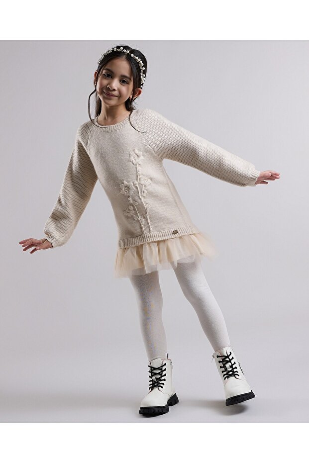 Embroidered Sweater Dress with Crew Neck and Long Sleeves
