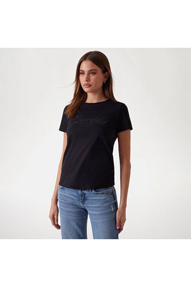Script Lace Logo Kadın Siyah T-Shirt - 3