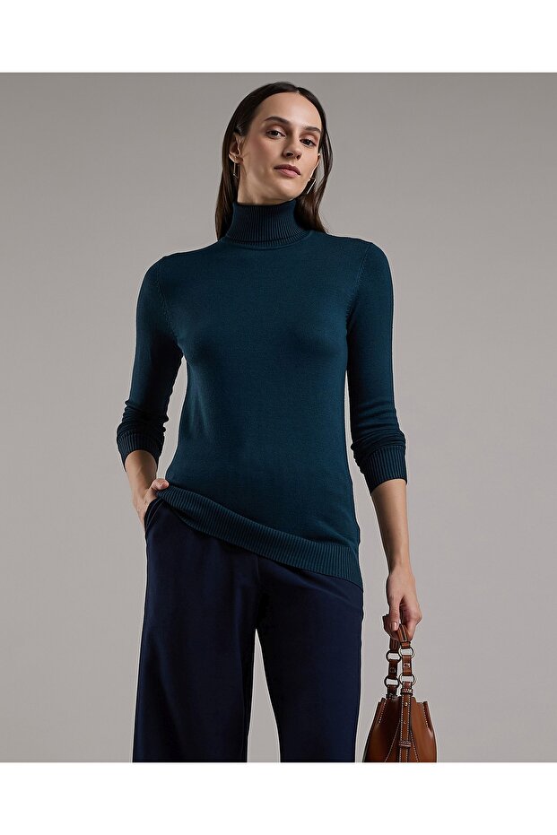 Solid Sweater with Turtleneck and Long Sleeves
