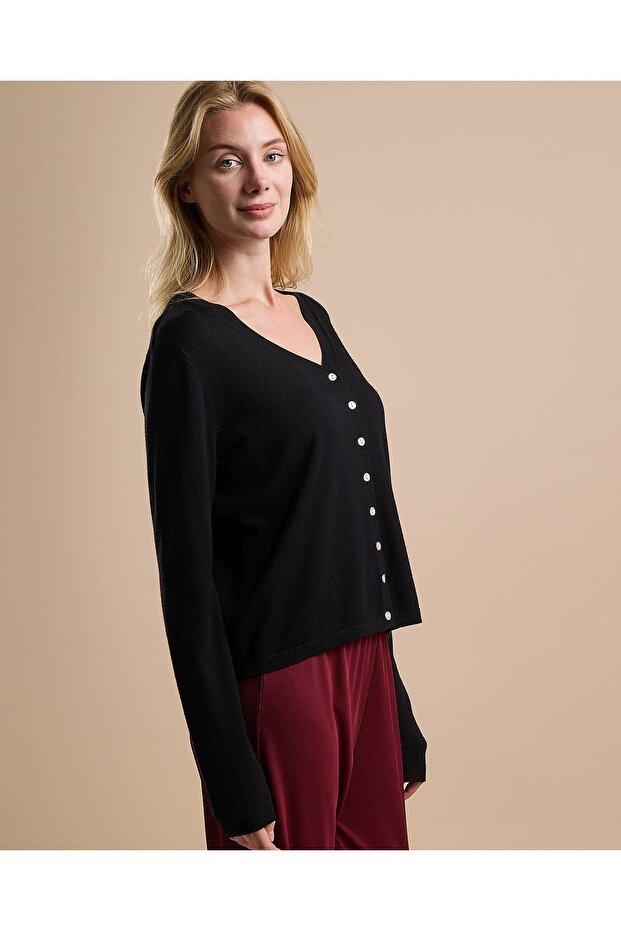 كارديجان سادة برقبة على شكل حرف V وأزرار للإغلاق - 3