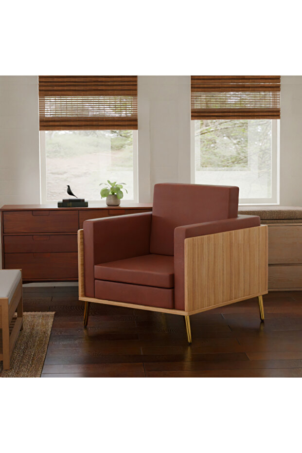 KD 3326 Coco Bolo Wooden Single Seat Sofa with Golden Legs and Brown PU Cushion for Office - 2