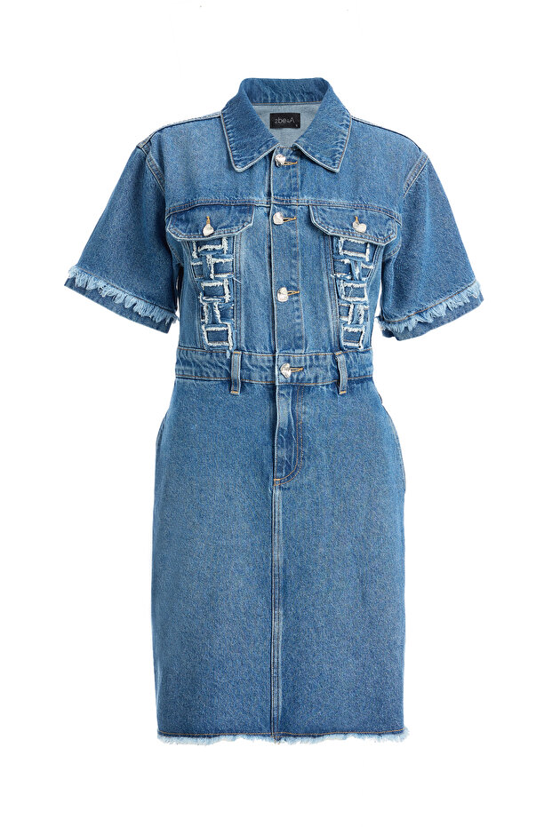 Kadın Düğmeli Denim Elbise - 1