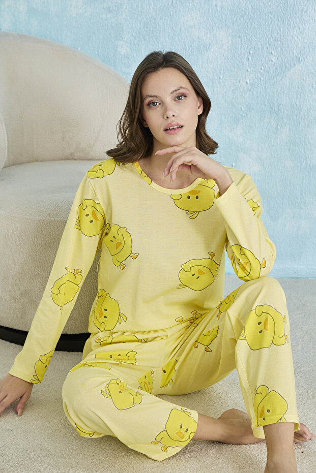Sarı Civciv Desenli Pamuklu Uzun Kollu Pijama Takımı - 1