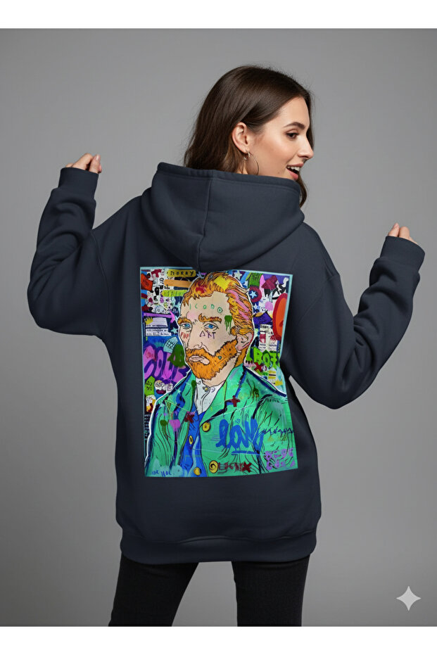 Lenithra Pop Art Van Gogh Back Printed Unisex Oversized Smoked Hoodie