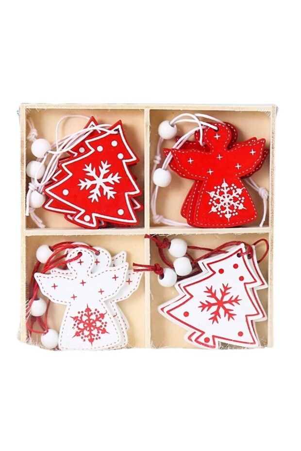 Set of 12 Wooden Christmas Decorations, with String for Hanging in the Tree, -Red - 2