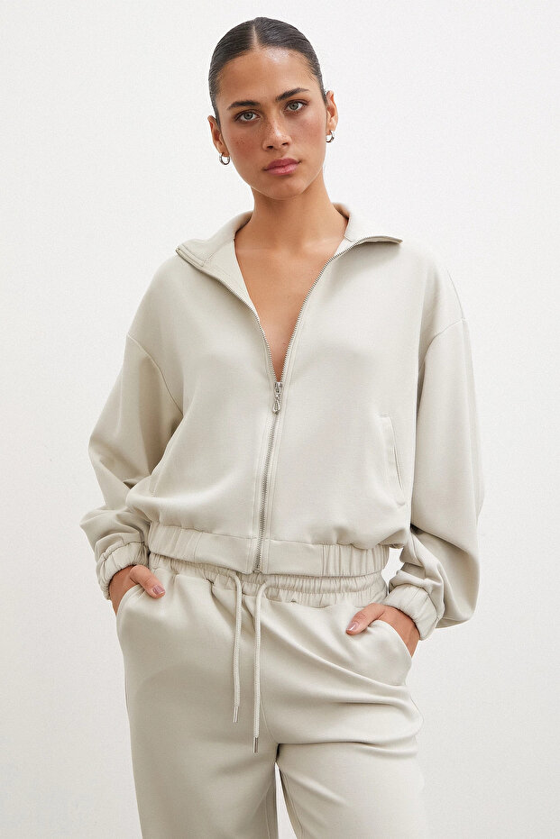 Fermuarlı Sweatshirt Taş - 1