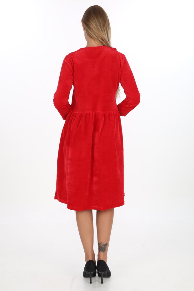Women's Peter Pan collar Piece Stone and Embroidery Detailed Velvet Dress with Top Pocket and Zipper
