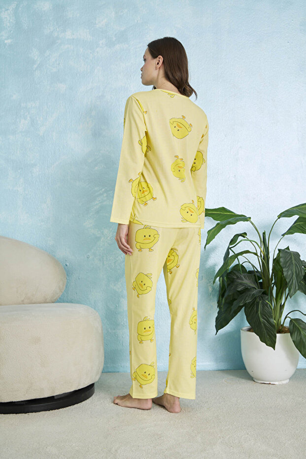 Sarı Civciv Desenli Pamuklu Uzun Kollu Pijama Takımı - 5